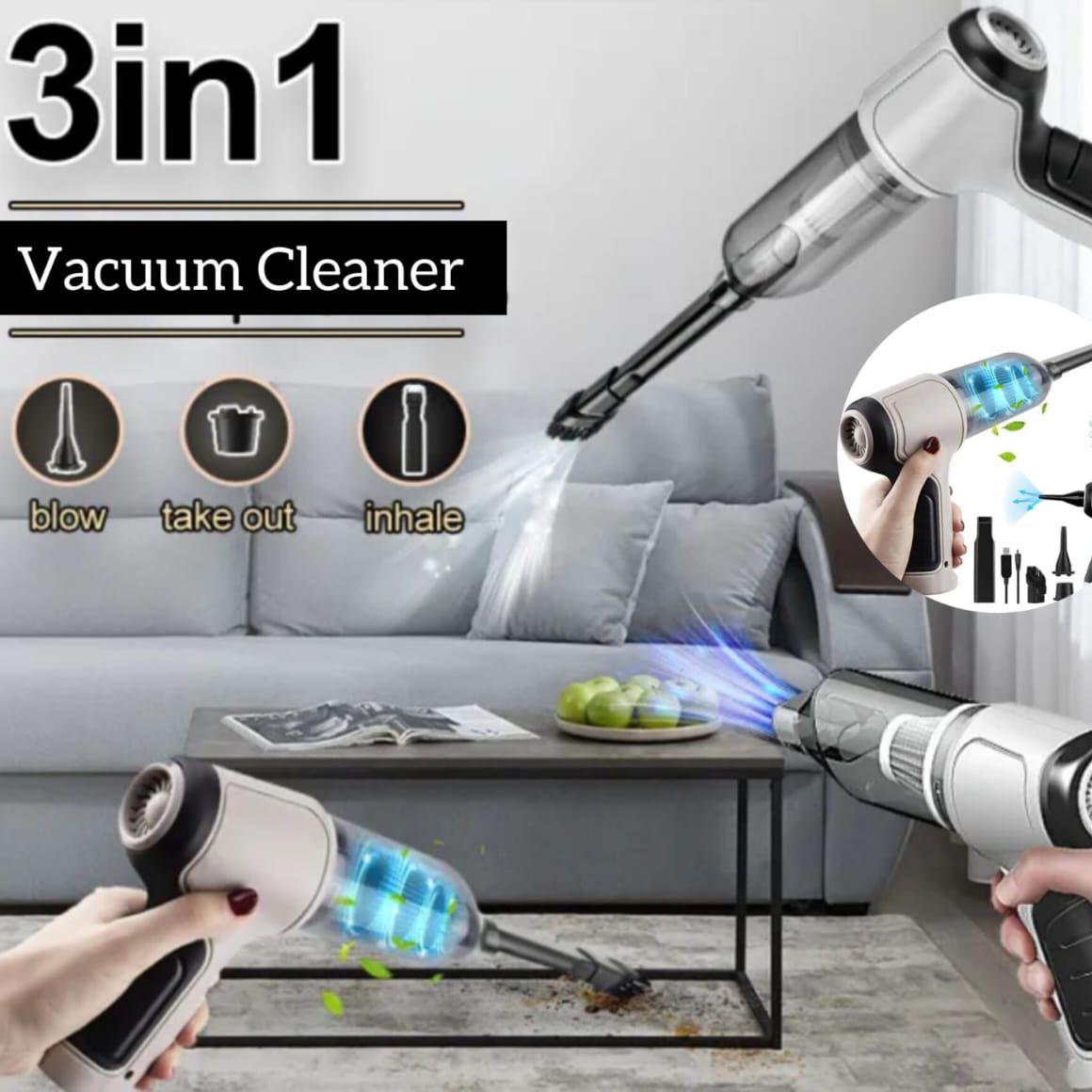 Powerful Rechargeable 3 in 1 Cordless Handheld Vacuum Cleaner